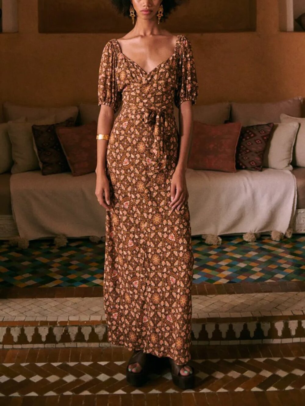 NWT Spell & The Gypsy Brown Madame Peacock Paisley Floral Sweetheart Maxi Dress